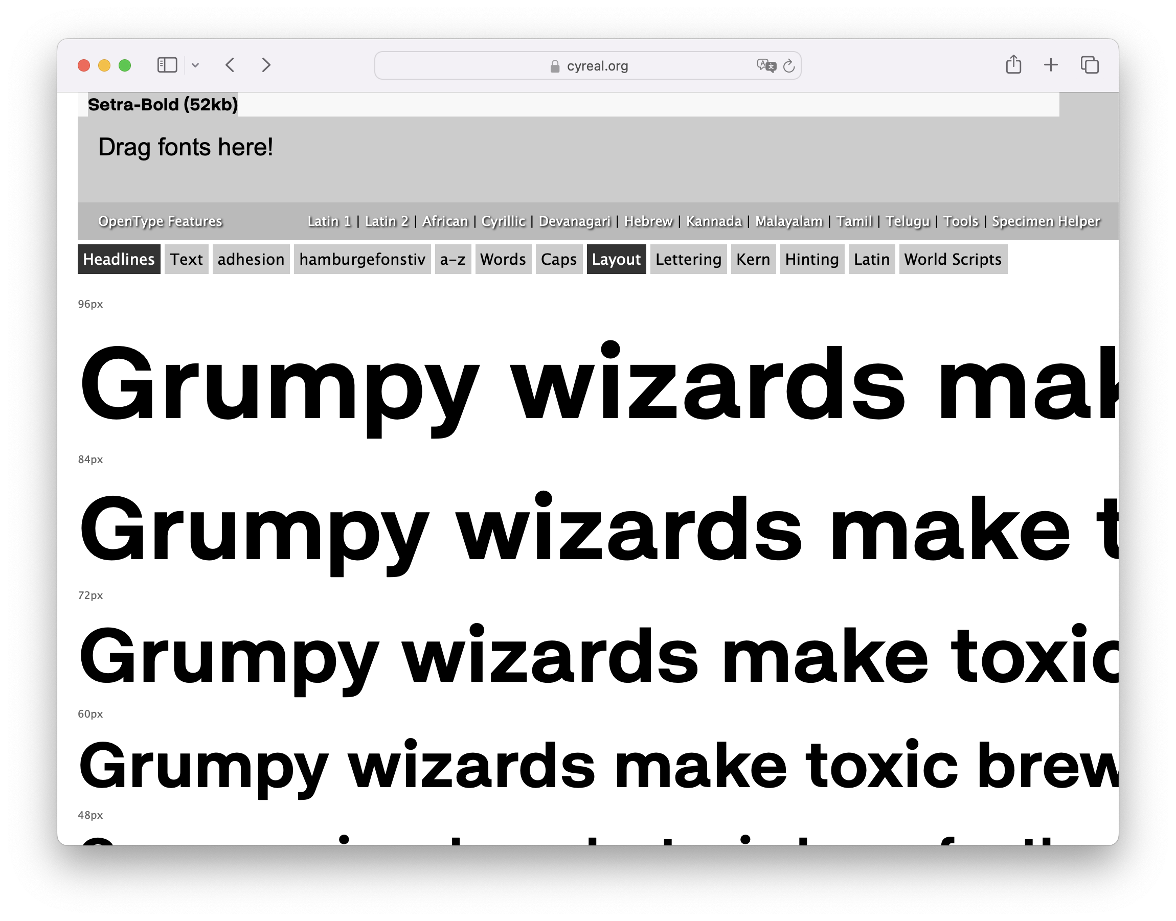 Cyreal Font Testing Page
